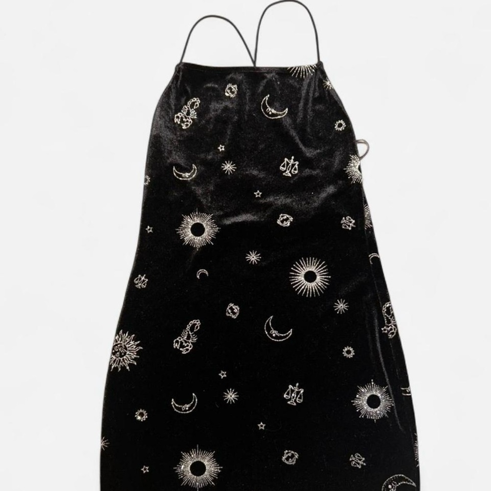 Divided Black Mini Dress with White Celestial Print
